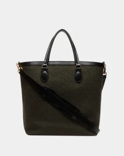 Beckett Tote In Dark Green Wool And Leather