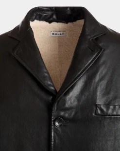 Blazer Aus Schwarzem Leder Mit Shearling-Futter