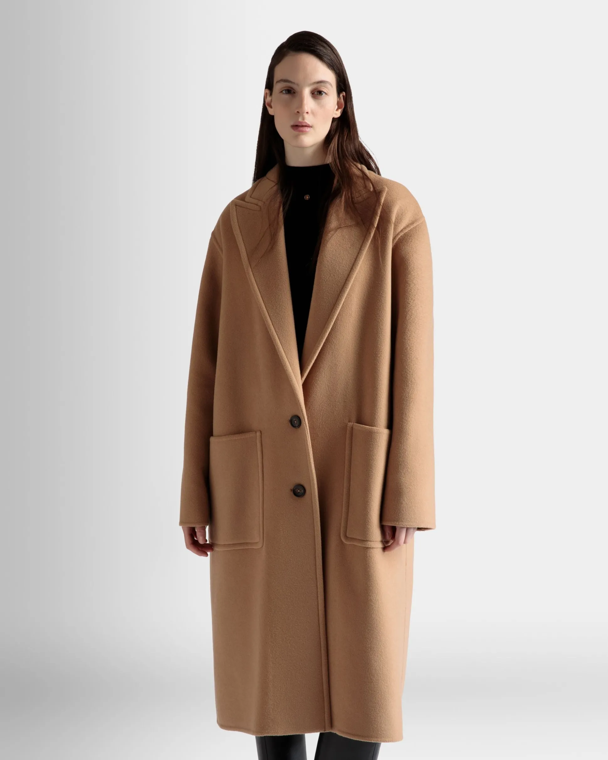 Einreihiger Mantel Aus Kaschmir-Woll-Mix In Camel