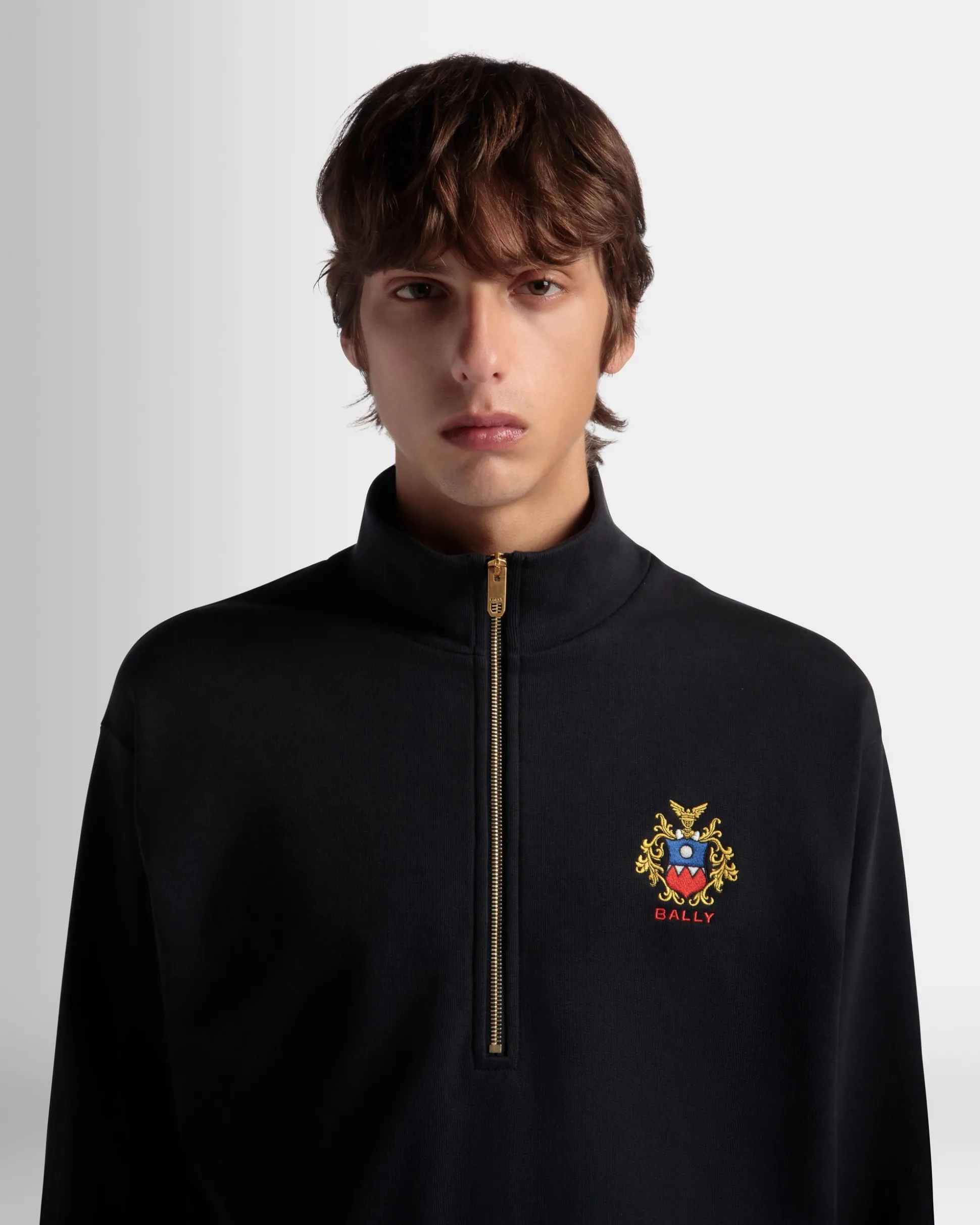Half-Zip-Sweatshirt Aus Baumwolle In Navy Blue Mit Bally Crest Logo