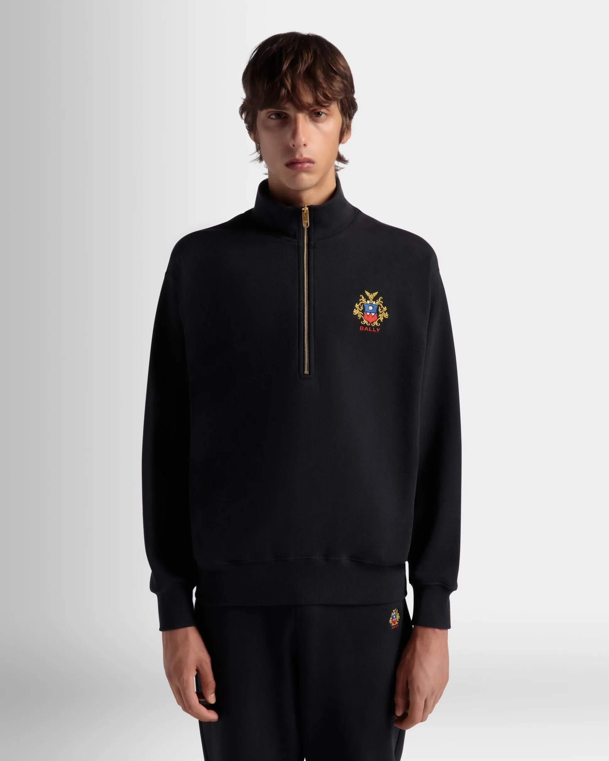 Half-Zip-Sweatshirt Aus Baumwolle In Navy Blue Mit Bally Crest Logo