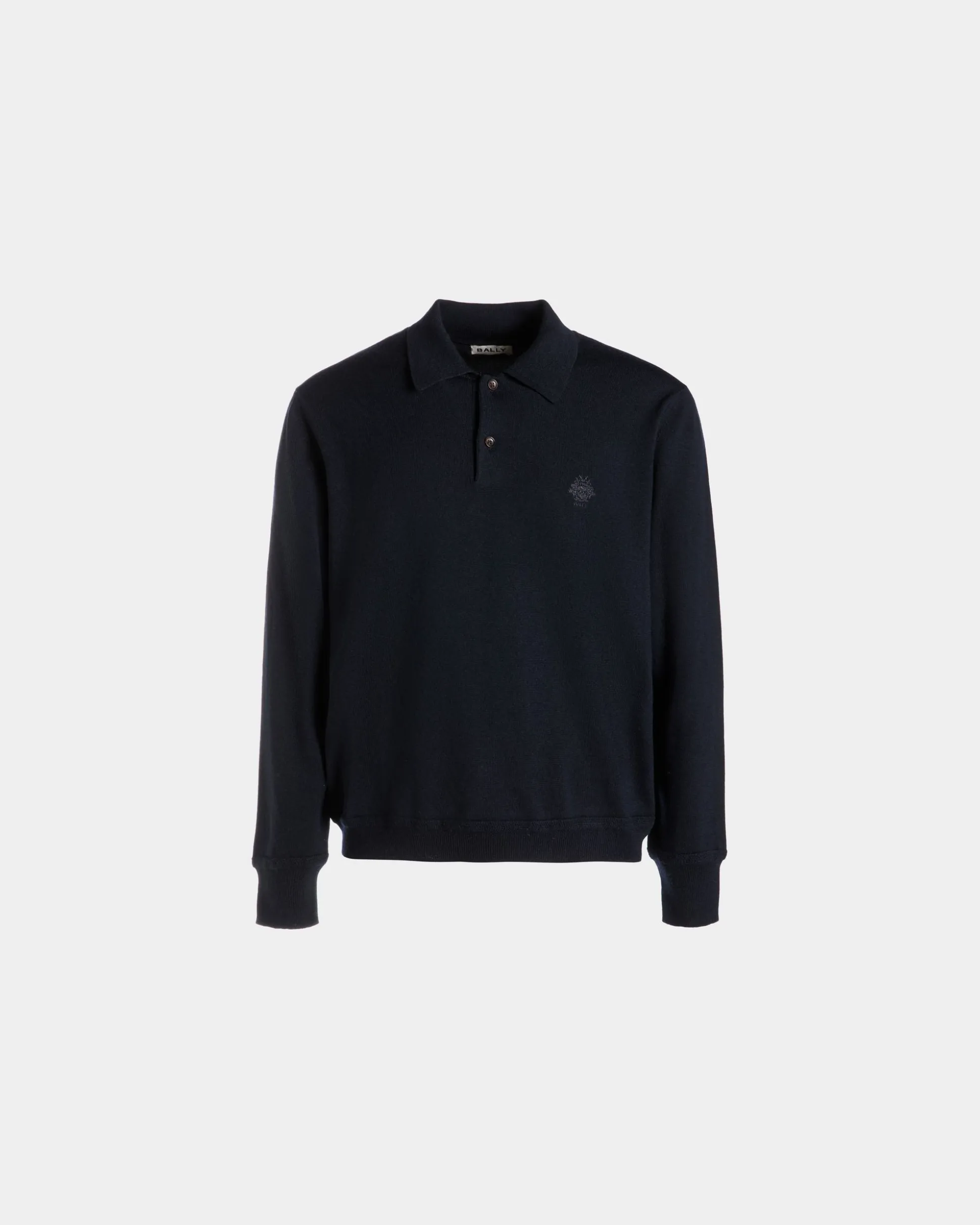 Langärmeliges Poloshirt Aus Wolle In Navy Blue Mit Bally Crest Logo