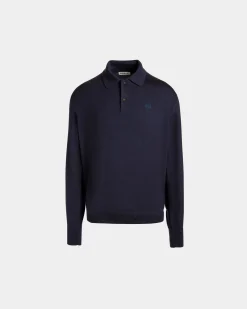Langärmeliges Poloshirt Aus Kaschmirgemisch In Navy Blue Mit Bally Crest-Logo