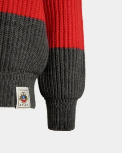 Rundhalspullover Aus Wolle In Candy Red Und Dunkelgrau Mit Bally Crest Logo