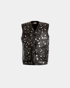 Weste Aus Schwarzem Leder Mit Nieten