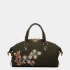 Winter Capsule Henkeltasche Aus Dunkelgrüner Wolle Und Leder In Ebenholzschwarz Mit Alpenblumen