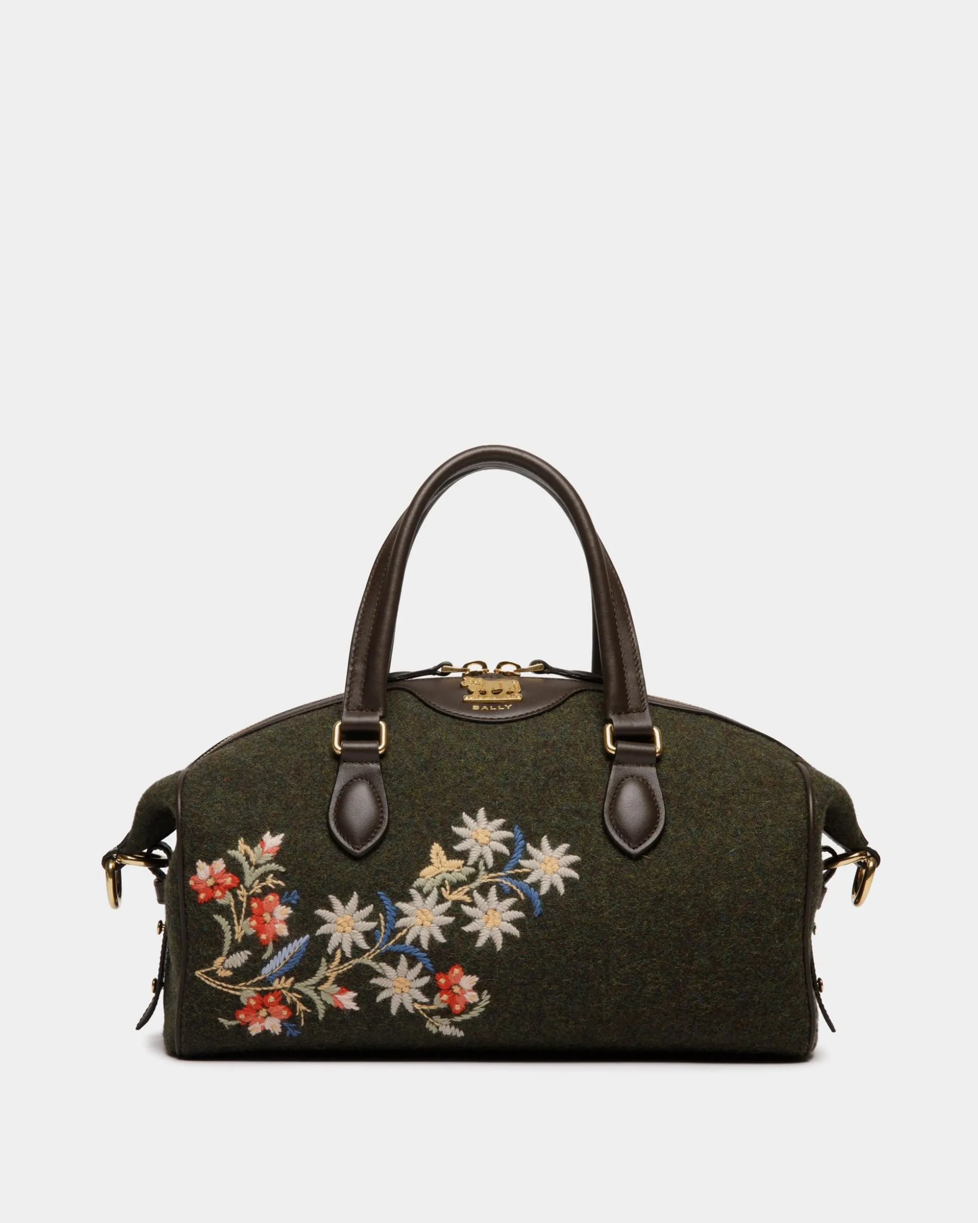 Winter Capsule Henkeltasche Aus Dunkelgrüner Wolle Und Leder In Ebenholzschwarz Mit Alpenblumen
