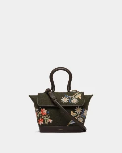 Winter Capsule Henkeltasche Aus Dunkelgrüner Wolle Und Leder In Ebenholzschwarz Mit Alpenblumen