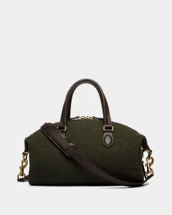 Winter Capsule Henkeltasche Aus Dunkelgrüner Wolle Und Leder In Ebenholzschwarz Mit Alpenblumen