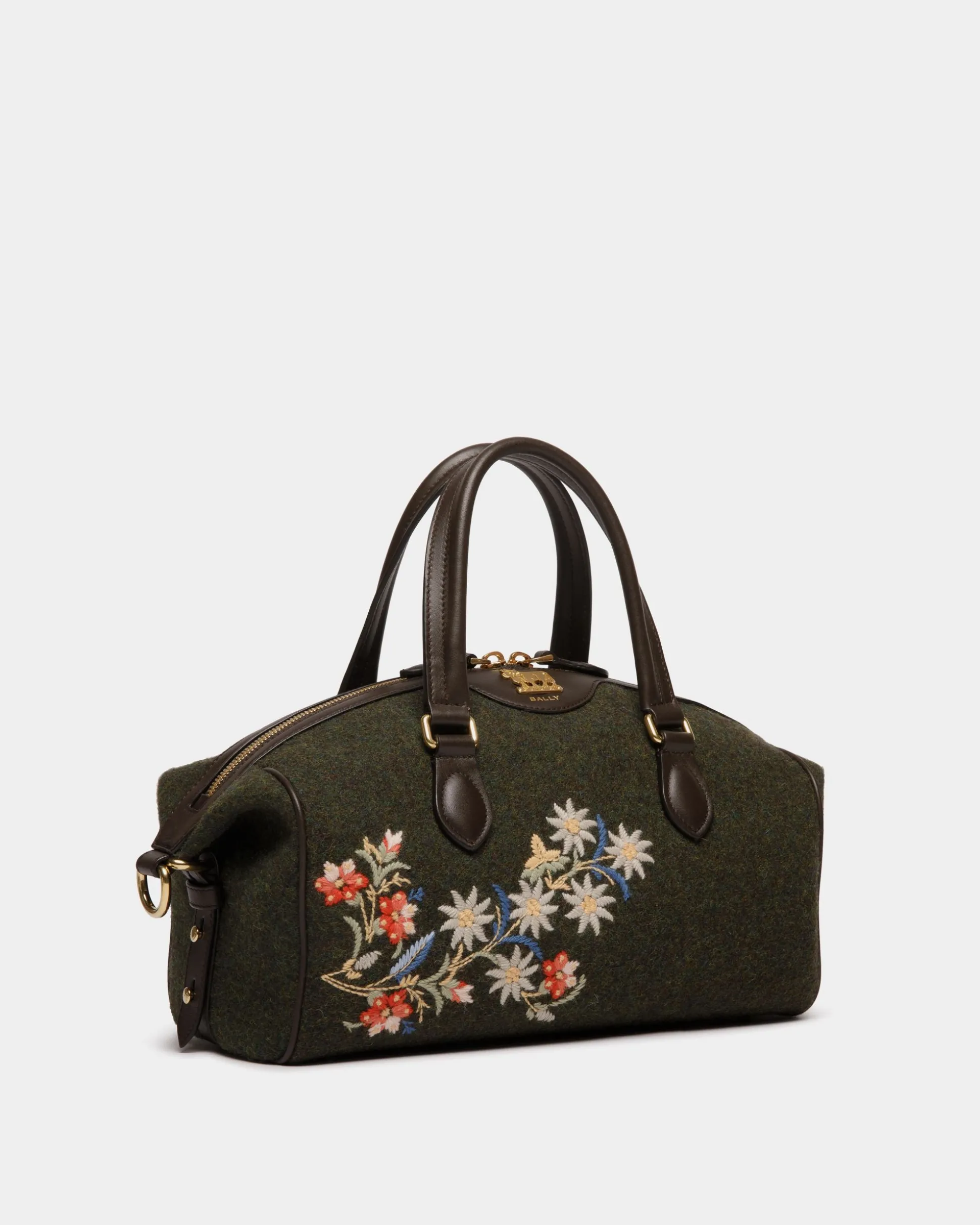 Winter Capsule Henkeltasche Aus Dunkelgrüner Wolle Und Leder In Ebenholzschwarz Mit Alpenblumen