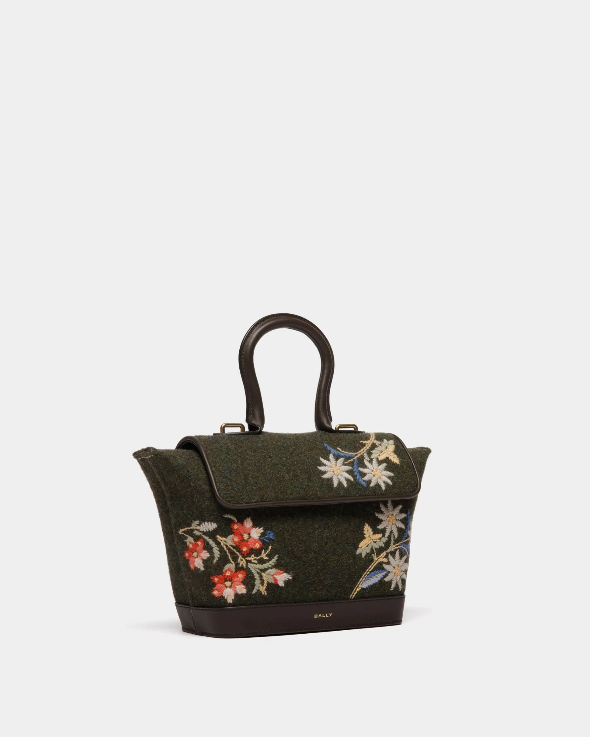 Winter Capsule Henkeltasche Aus Dunkelgrüner Wolle Und Leder In Ebenholzschwarz Mit Alpenblumen