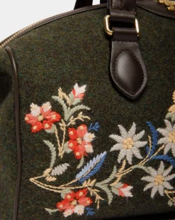 Winter Capsule Henkeltasche Aus Dunkelgrüner Wolle Und Leder In Ebenholzschwarz Mit Alpenblumen
