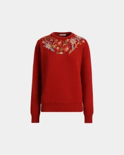 Winter Capsule Pullover Mit Rundhalsausschnitt Und Alpenblumen Aus Roter Wolle