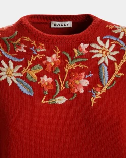 Winter Capsule Pullover Mit Rundhalsausschnitt Und Alpenblumen Aus Roter Wolle