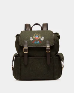 Winter Capsule Rucksack Aus Wolle In Dunkelgrün Und Aus Leder In Ebenholzschwarz Mit Alpenblumen