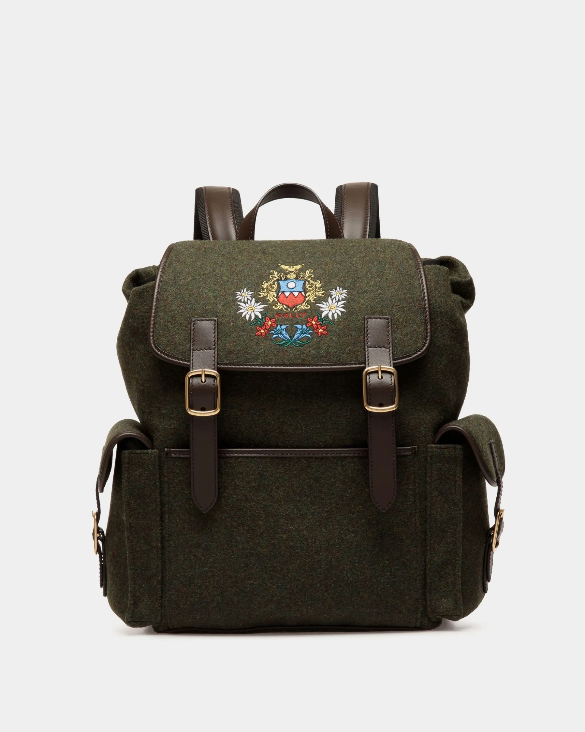 Winter Capsule Rucksack Aus Wolle In Dunkelgrün Und Aus Leder In Ebenholzschwarz Mit Alpenblumen