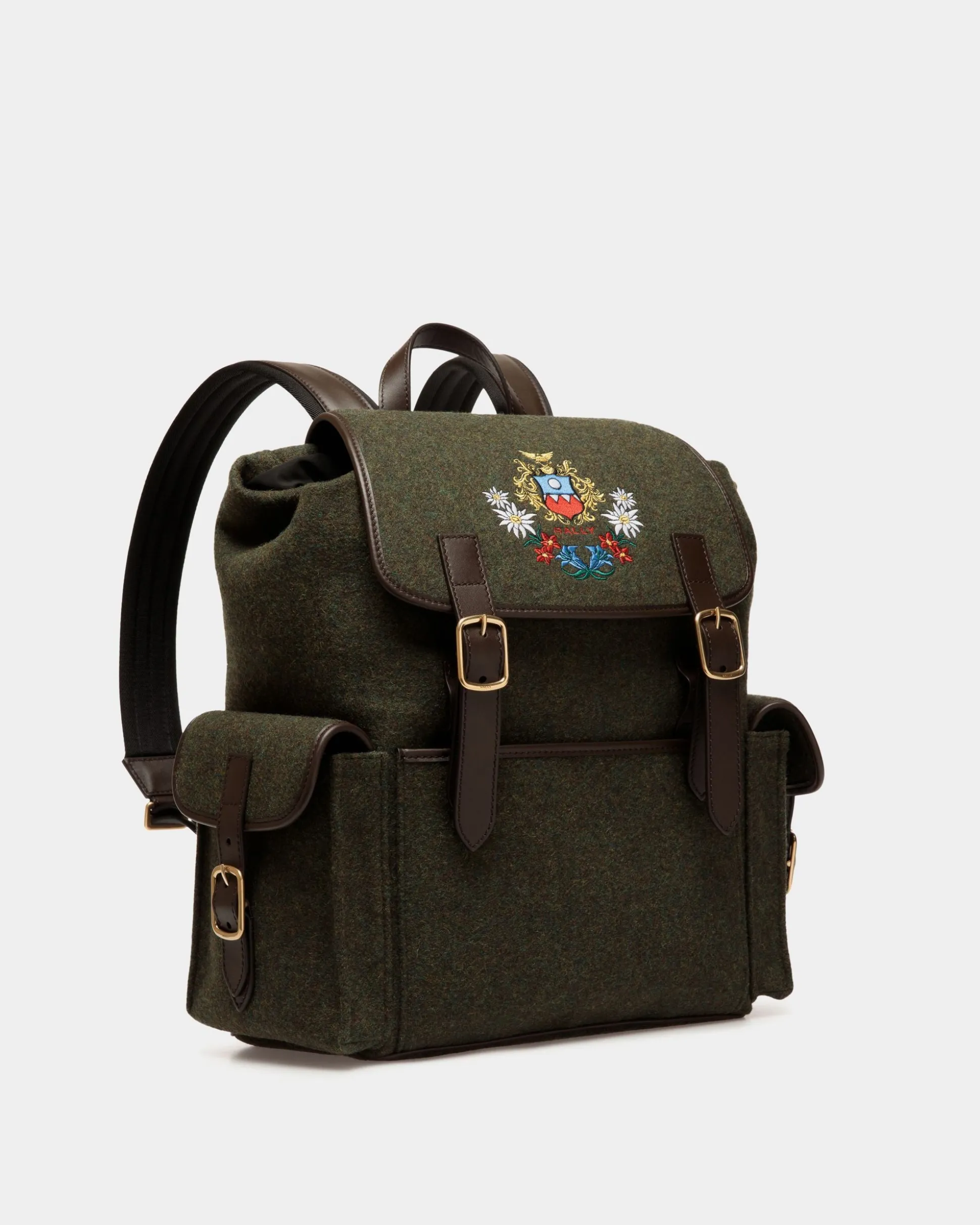 Winter Capsule Rucksack Aus Wolle In Dunkelgrün Und Aus Leder In Ebenholzschwarz Mit Alpenblumen
