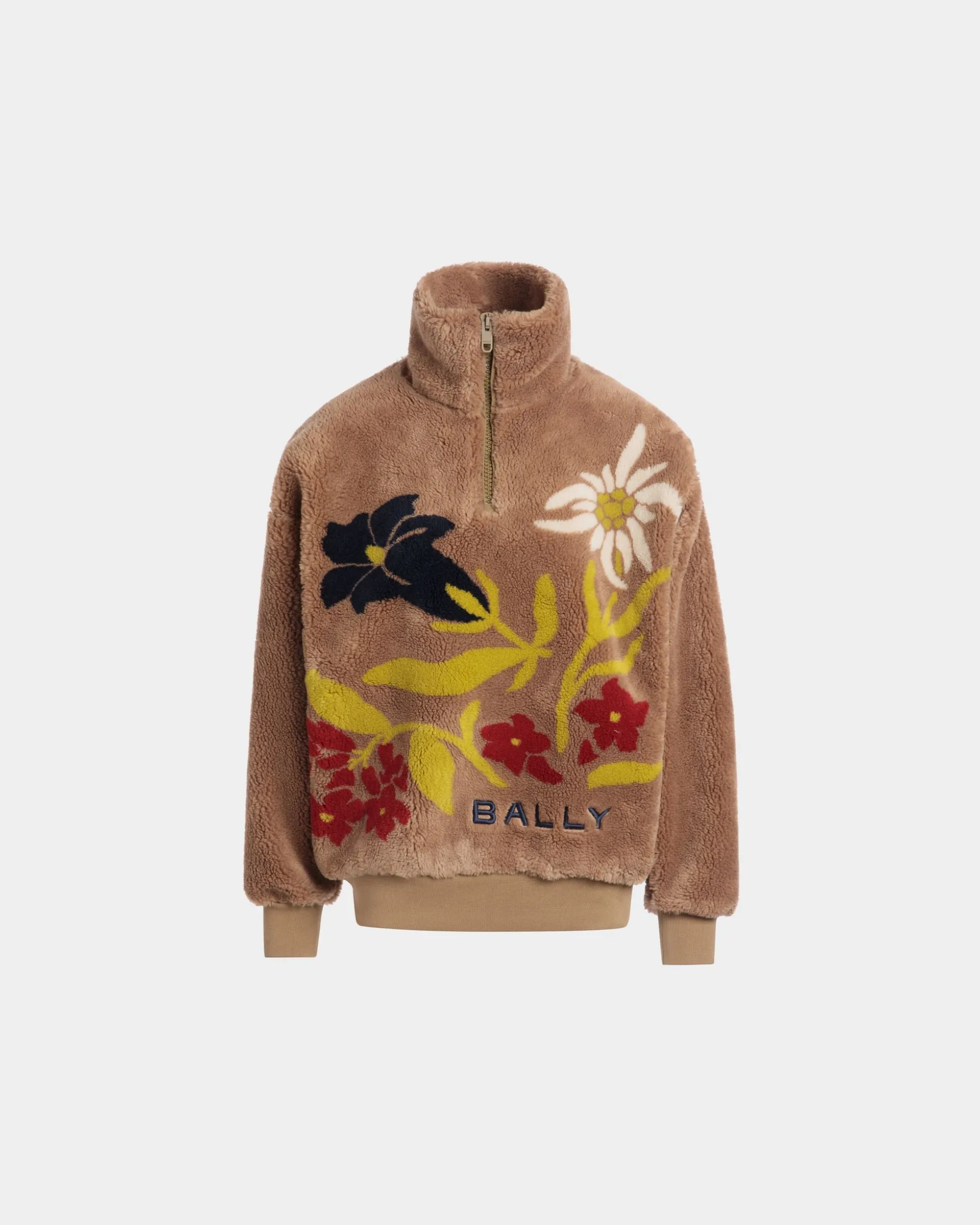 Winter Capsule Sweatshirt Mit Halbem Reißverschluss Und Alpenblumen Aus Fleece In Camel