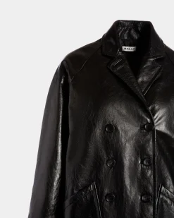 Zweireihiger Midi-Mantel Aus Leder In Schwarz